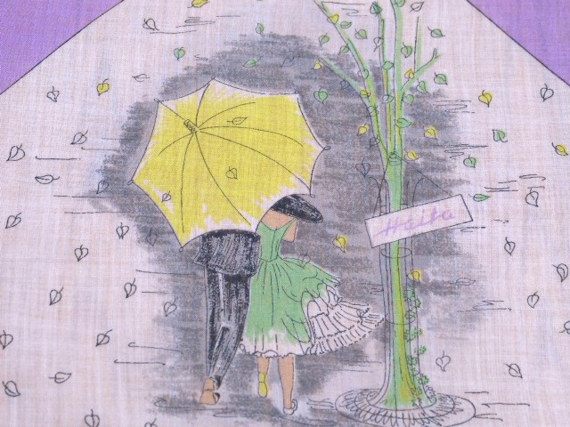 3 feine Taschentücher hand roliert farbenfroh- Blumenstand- Dame mit Hut- Paar im Regen (Haita) 28/32 cm