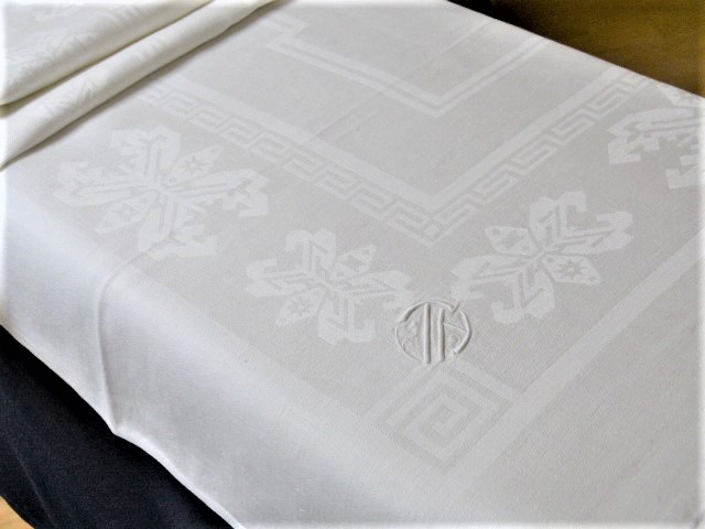 Weiße Tischdecke Leinen Blocksymbole Mäander Streifen Blätter französiches Mono TH 150x218 cm