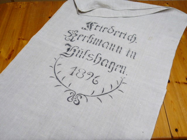 Leinensack mit Aufdruck Friederich Kerkmann in Hülshagen 1896 Handgenäht Handgewebt