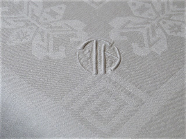 Weiße Tischdecke Leinen Blocksymbole Mäander Streifen Blätter französiches Mono TH 150x218 cm