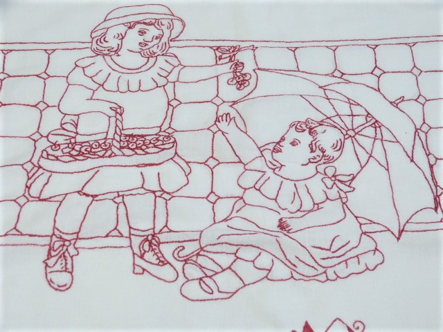Antikes Wandtuch Zwei Kinder spielen miteinander Spruch  Über alles die Pflicht   53 x 62