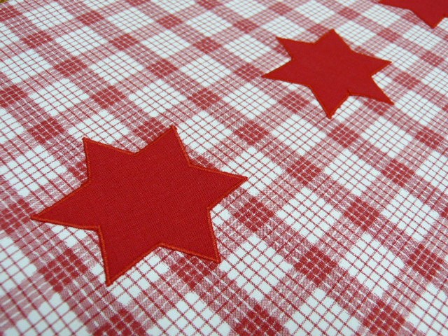 Weihnachten Tischläufer applizierte rote Sterne  rot weiß karierte Baumwolle VINTAGE 32x140