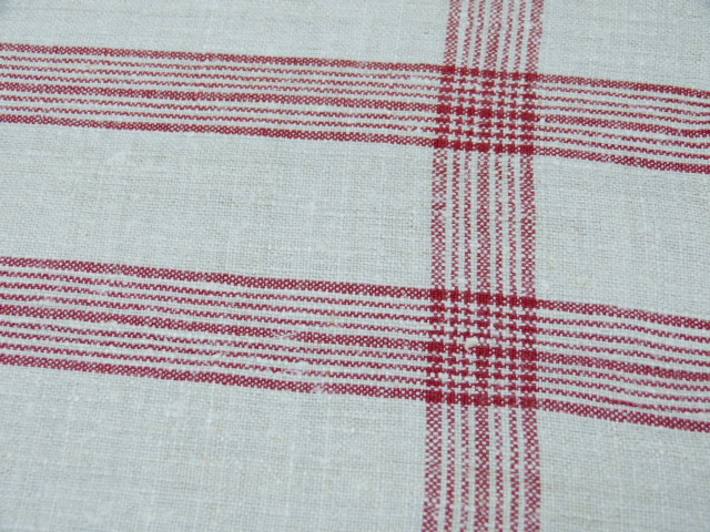 Langes Tuch aus handgewebtem Leinen mit roten schmalen Randstreifen Größe 55x170