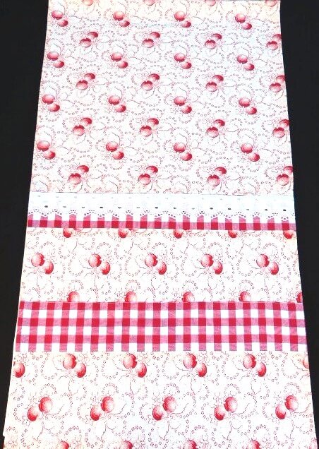 Tischläufer rot weiß kariert rot weißes Kirschenmuster schöne Wäschespitze 40 cm x 140 cm Handarbeit