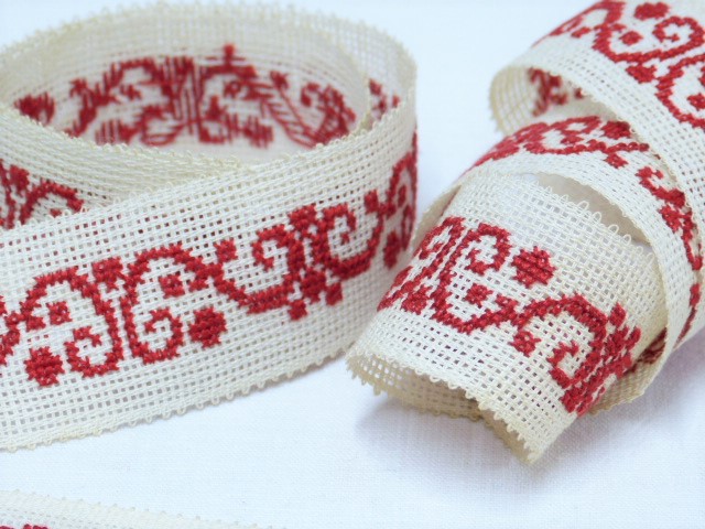 6 handgestickte  Wäschebänder ohne Bänder roter Kreuzstich 3 x 48-54 cm