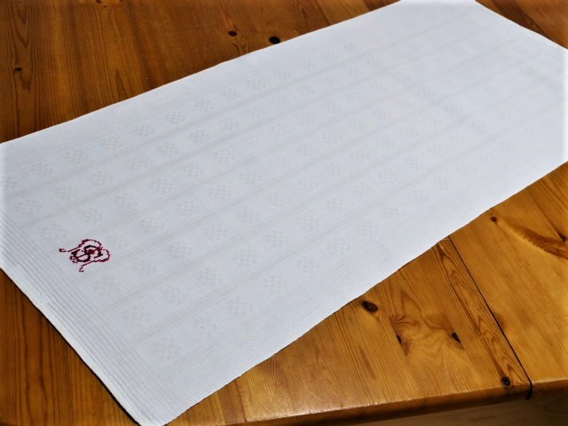 Ziertuch Ungebraucht gewaschen Halbleinen großes rotes Monogramm SM  45 x 103 cm