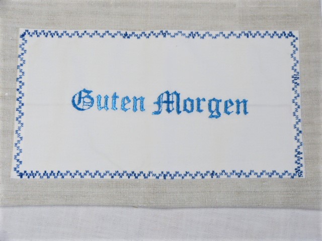 Brötchenbeutel antikes grobes Leinen blaue Schrift Guten Morgen Zierstich Karos am Durchzug 30 x 40