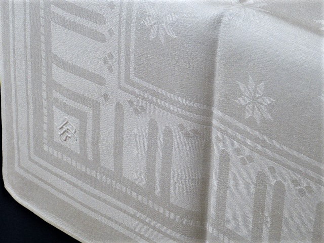 Weiße Tischdecke aus festem Leinen eingewebte Sterne breiter Rand Streifen Säulen Bauhaus? 128x155 c