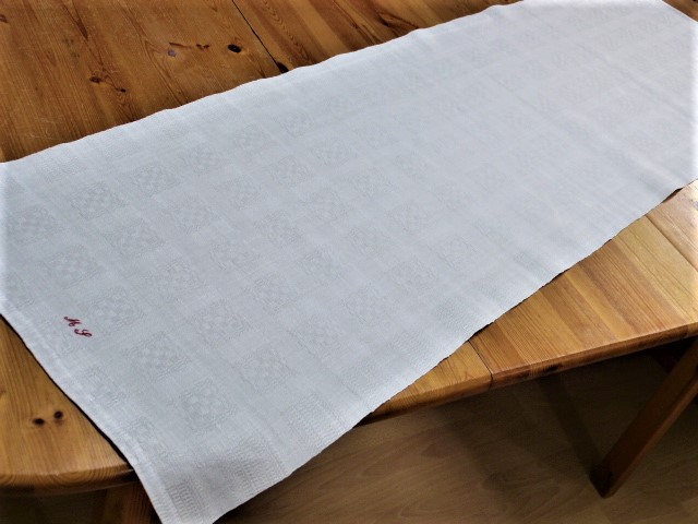 Handgewebtes Leinentuch gebrochenes Weiß Grafisches Muster Streifen Blöcke Mono MS  50 x 150