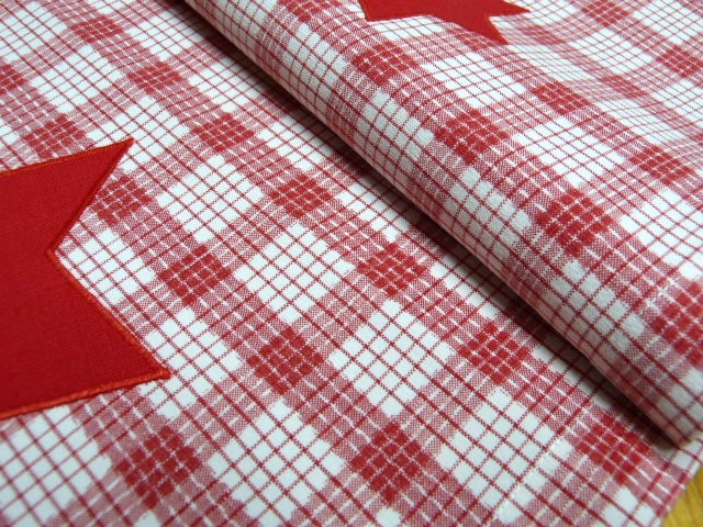 Weihnachten Tischläufer applizierte rote Sterne  rot weiß karierte Baumwolle VINTAGE 32x140