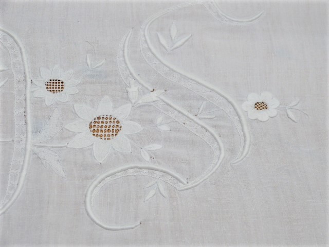 Überhandtuch feinstes Leinen Weißstickerei 20 cm DS Mono Hohlsaum Randspitze 64 x140