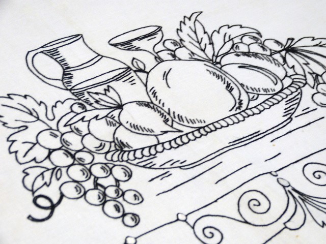 Antike Tischdecke Schwarzstickerei Fliesen Früchtekorb Baumwolle ungewaschen 76 x 107