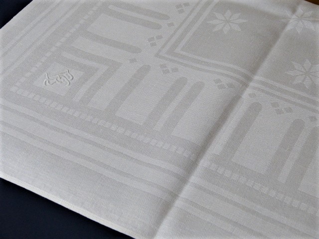 Weiße Tischdecke aus festem Leinen eingewebte Sterne breiter Rand Streifen Säulen Bauhaus? 128x155 c